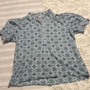 Max Studio Floral Button Down Shirt - Green, Navy and White